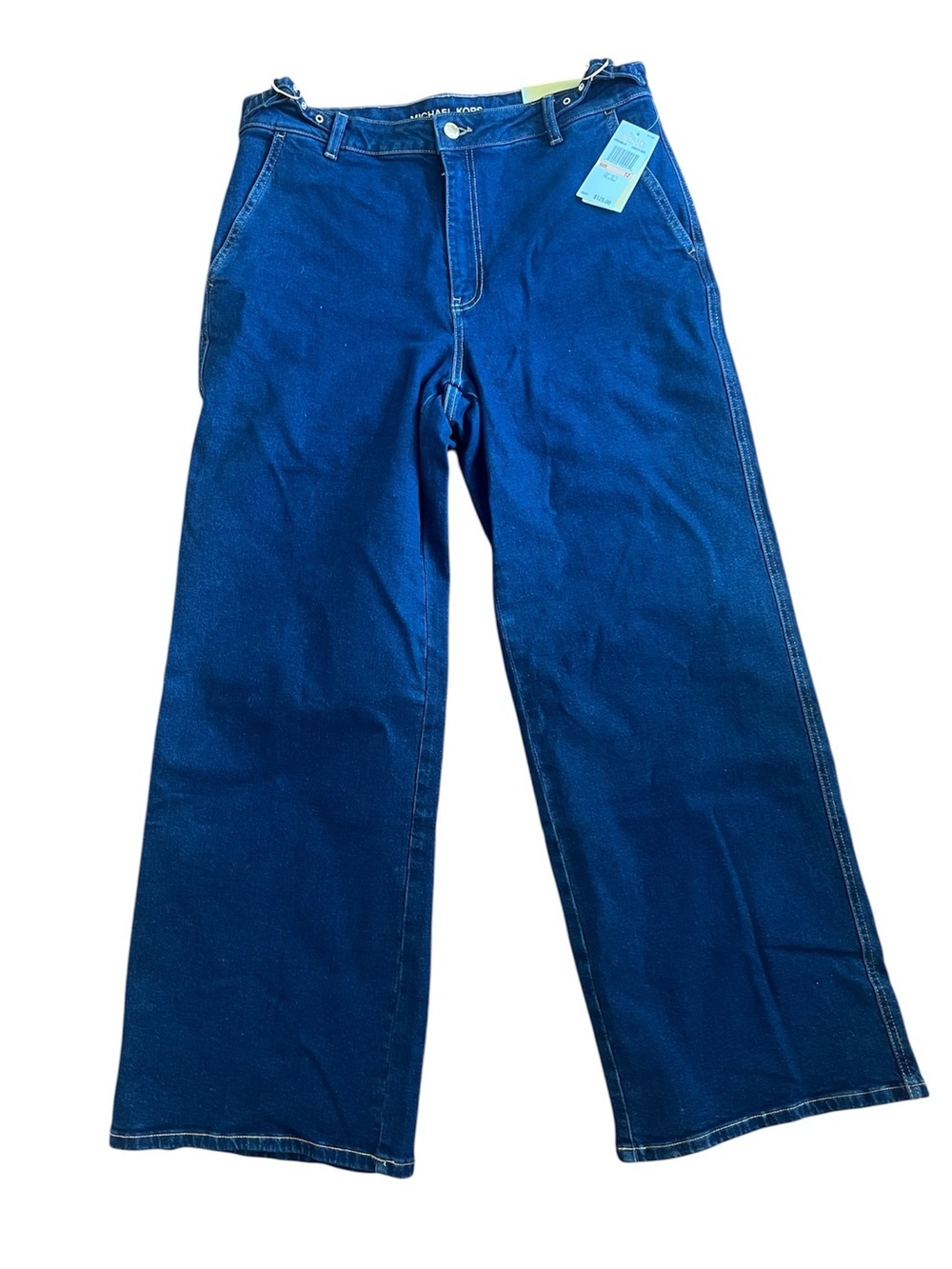 Michael Kors Selma Wide Leg Jeans NWT Size 12 High Rise Dark Wash Buckle Detail